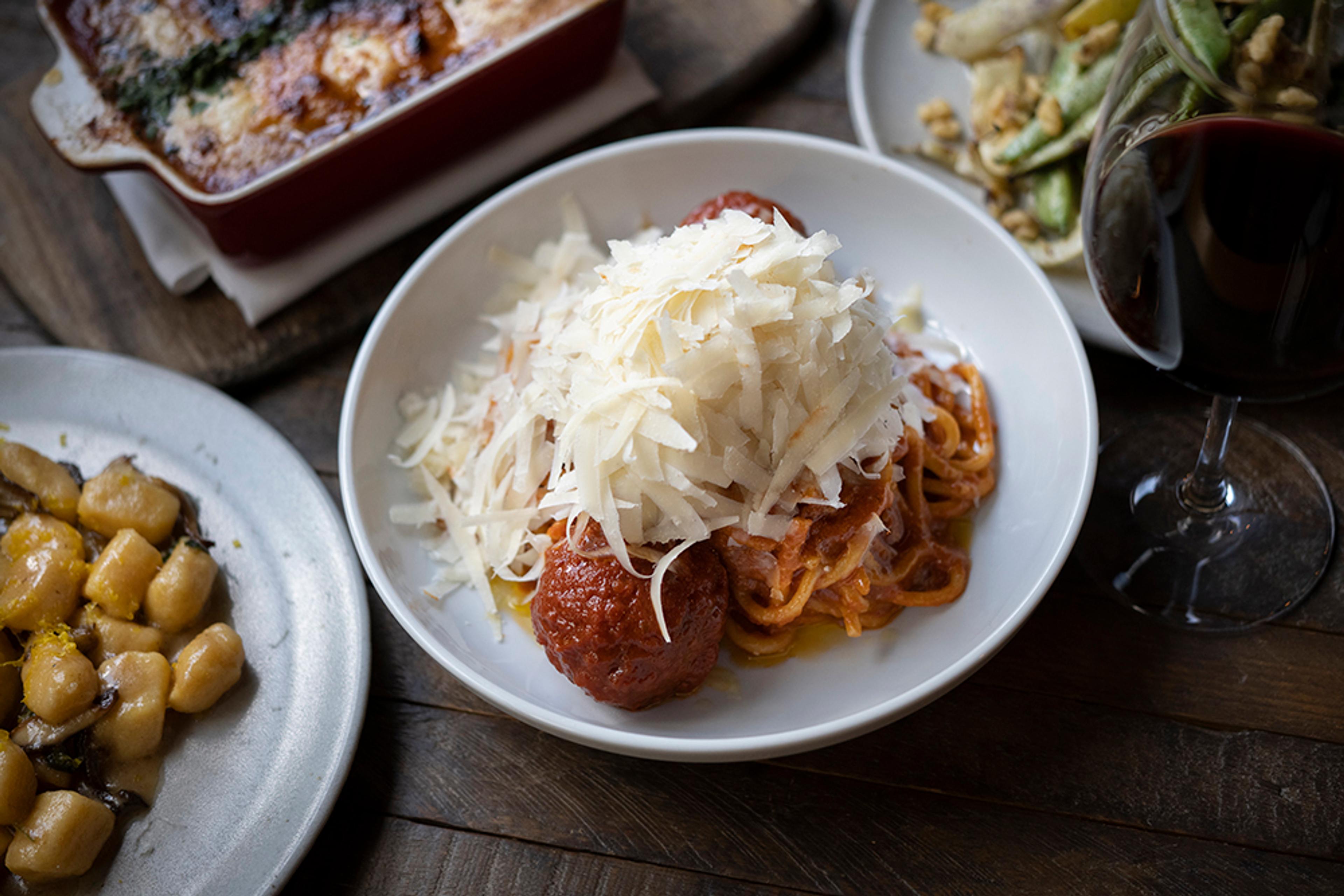 Spaghetti with meatballs and parmigiano reggiano 