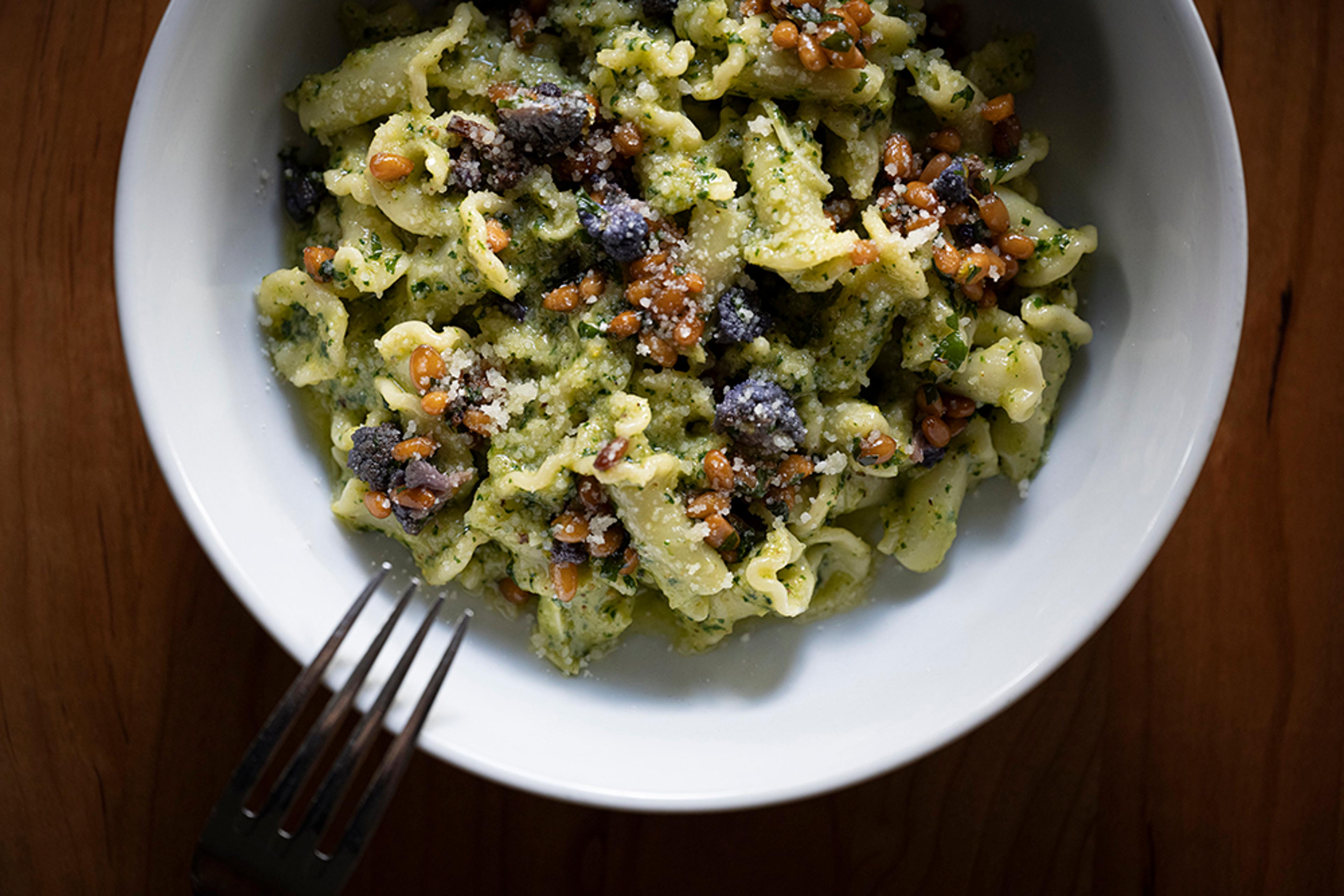 campanelle pasta with pesto and walnuts