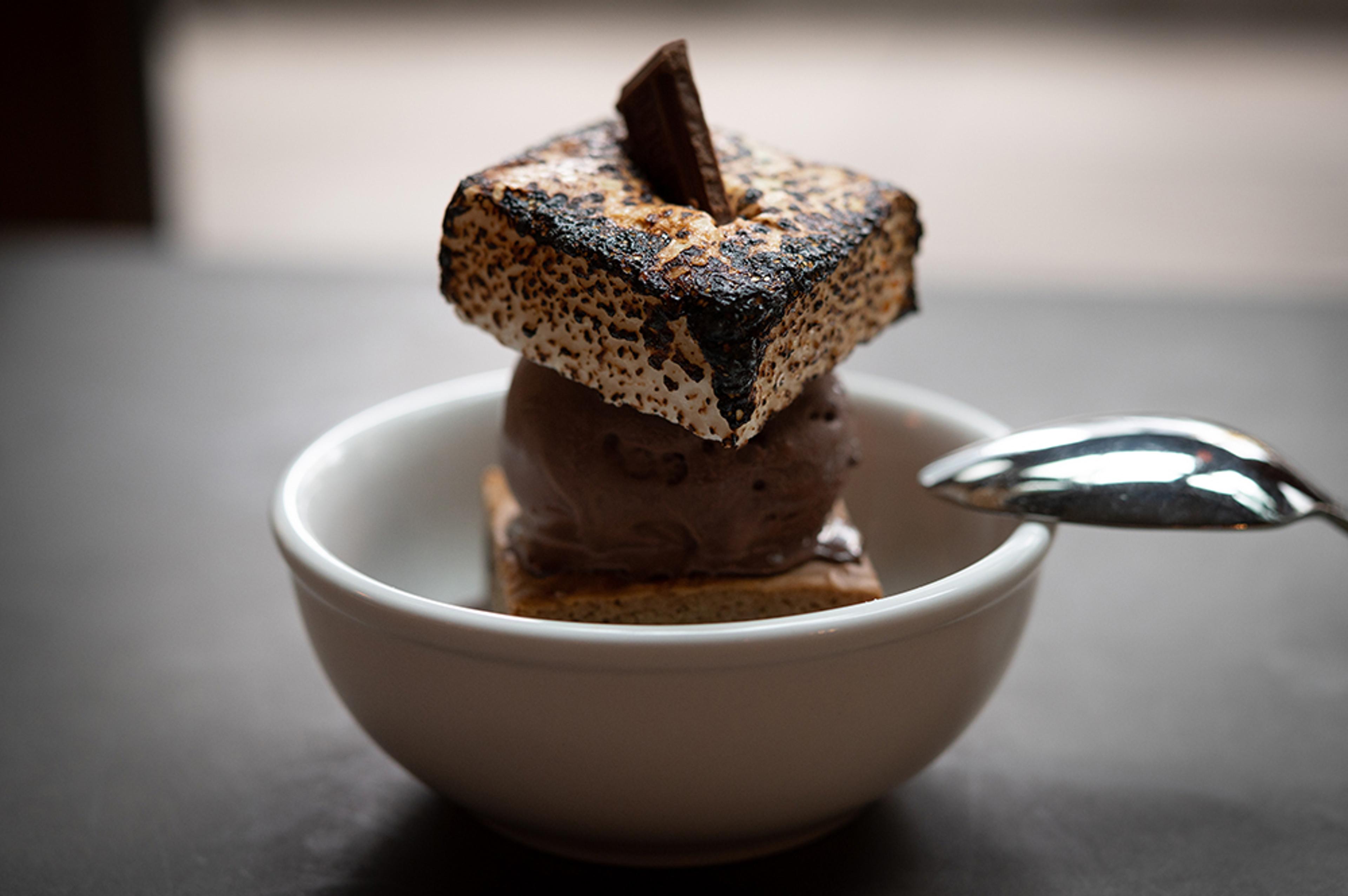 s'more sundae over cookie with torched house-made marshmallow and chocolate gelato