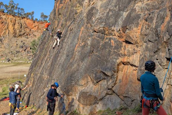 A group session at a sunny quarry wall: two climbers on top ropes and belayers at the base.