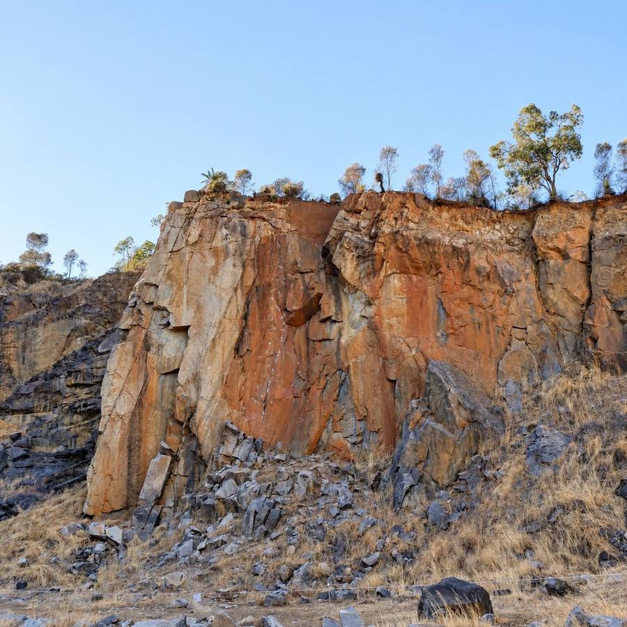 A tall quarry wall streaked orange and grey, with gum trees along the top against a clear sky.