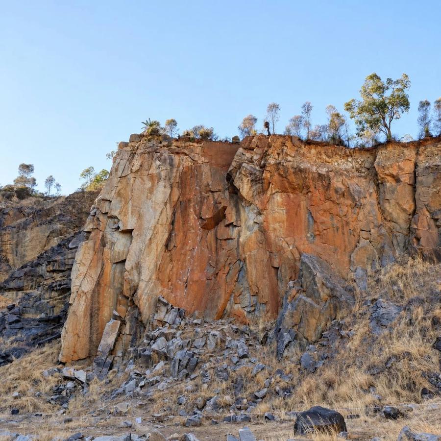 A tall quarry wall streaked orange and grey, with gum trees along the top against a clear sky.