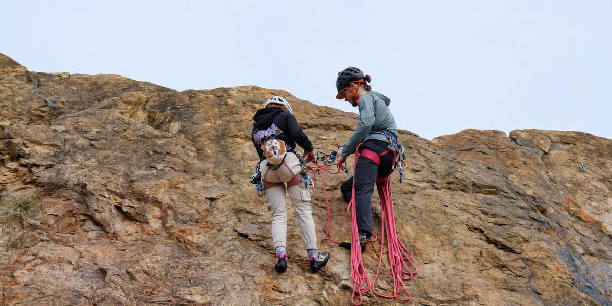 Evan and a climber at the top of a sunlit rock face, a pink rope coiled at their feet.