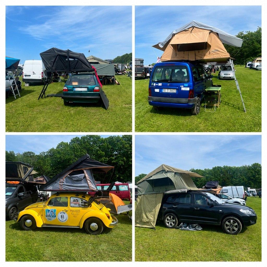 Hatchback, van, Beetle, and SUV each carrying a rooftop tent