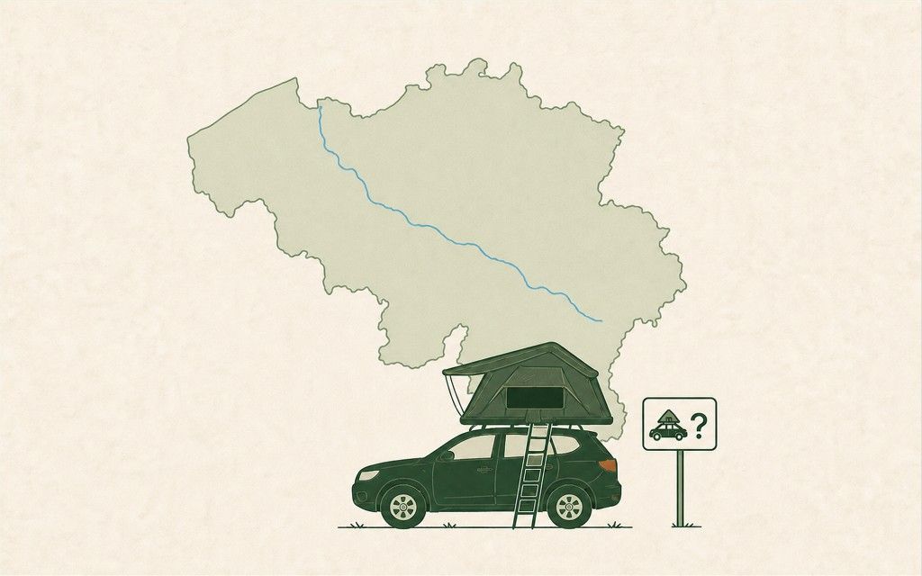 Green SUV with rooftop tent in front of a map of Belgium and a camping question-mark sign