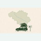 Green SUV with rooftop tent in front of a map of Belgium and a camping question-mark sign