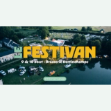 Aerial view of campervans around a lakeside festival site, overlaid with “Le Festivan, 9 & 10 August – Brasserie Bertinchamps”