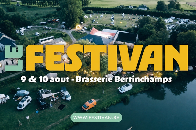 Aerial view of campervans around a lakeside festival site, overlaid with “Le Festivan, 9 & 10 August – Brasserie Bertinchamps”