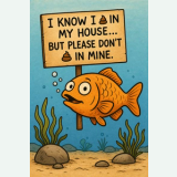 Cartoon fish beside a sign reading “I know I poop in my house… but please don’t poop in mine”
