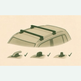 Car roof with crossbars and three mounting types: raised rails, flush rails, and fixed points