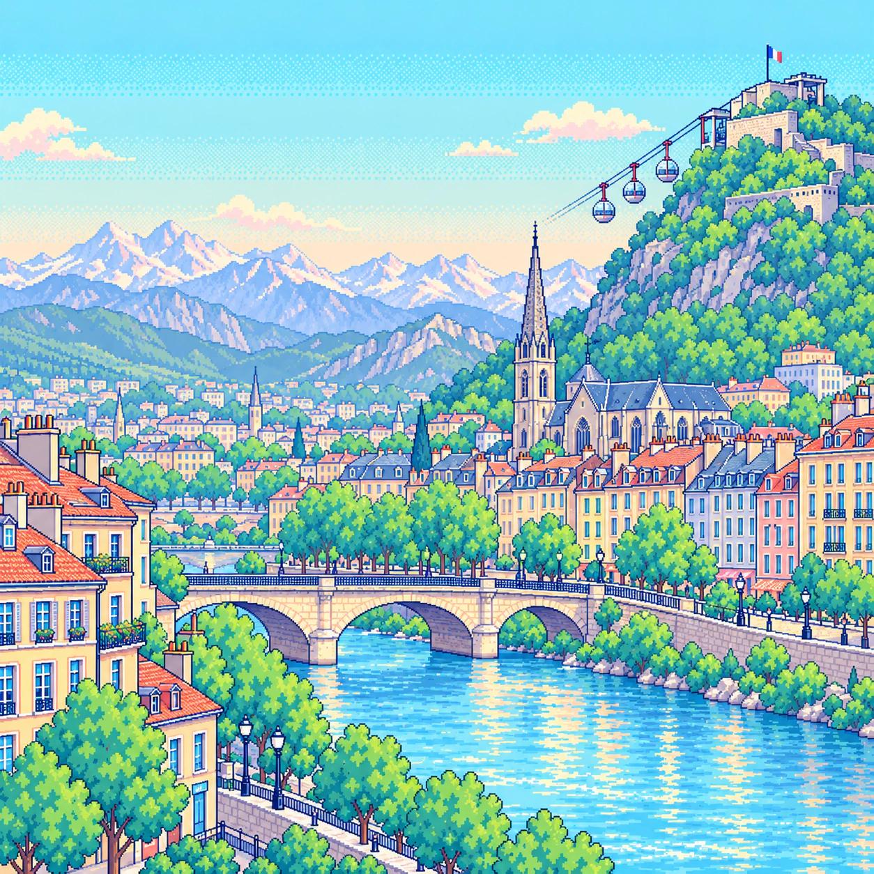 Pixel-art illustration of Grenoble