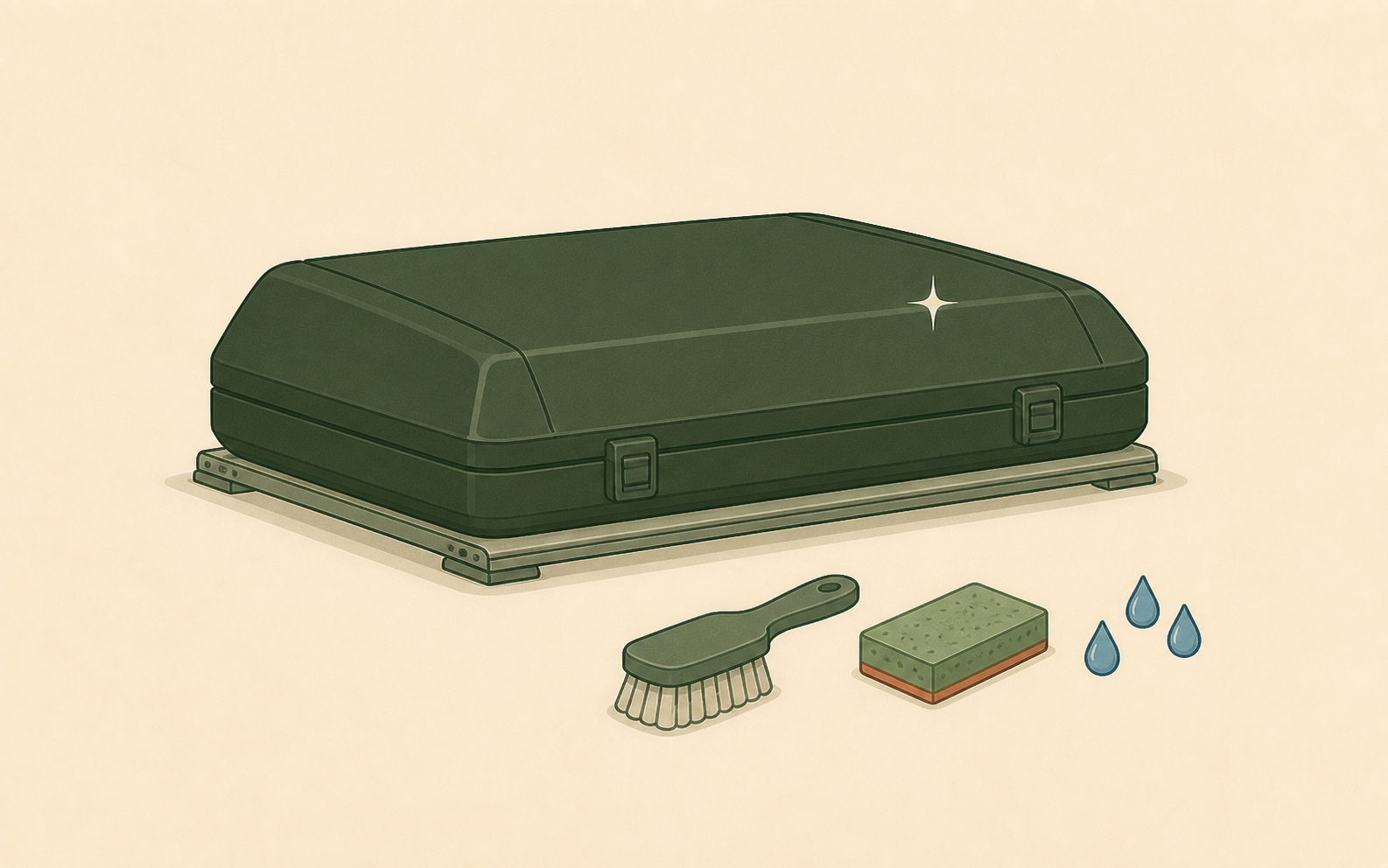 Closed hardshell rooftop tent with a brush, sponge, and water drops