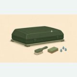 Closed hardshell rooftop tent with a brush, sponge, and water drops