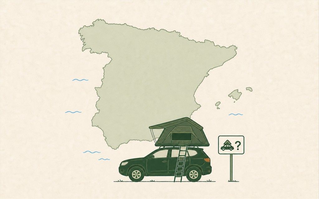 Green SUV with rooftop tent in front of a map of Spain and a camping question-mark sign