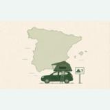 Green SUV with rooftop tent in front of a map of Spain and a camping question-mark sign