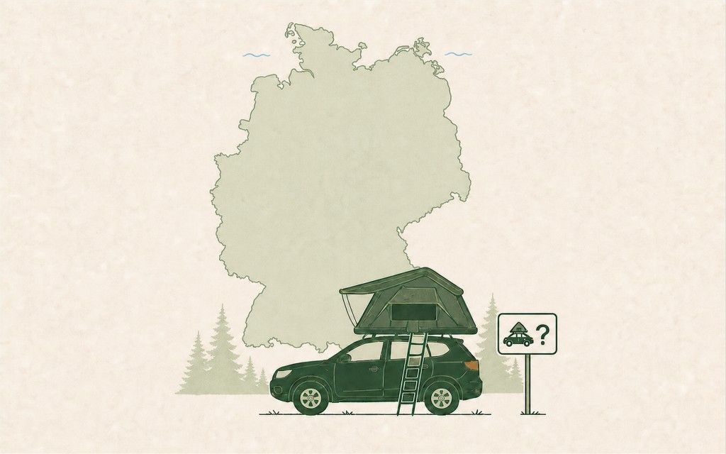 Green SUV with rooftop tent in a forest in front of a map of Germany and a camping question-mark sign