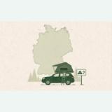 Green SUV with rooftop tent in a forest in front of a map of Germany and a camping question-mark sign