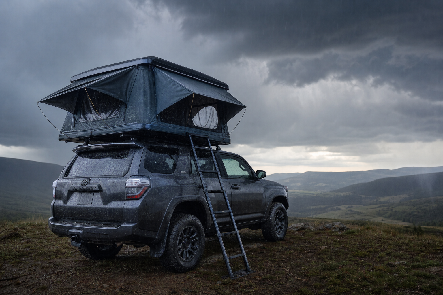 Tenda da tetto fissata su un SUV mentre si avvicinano nuvole di pioggia