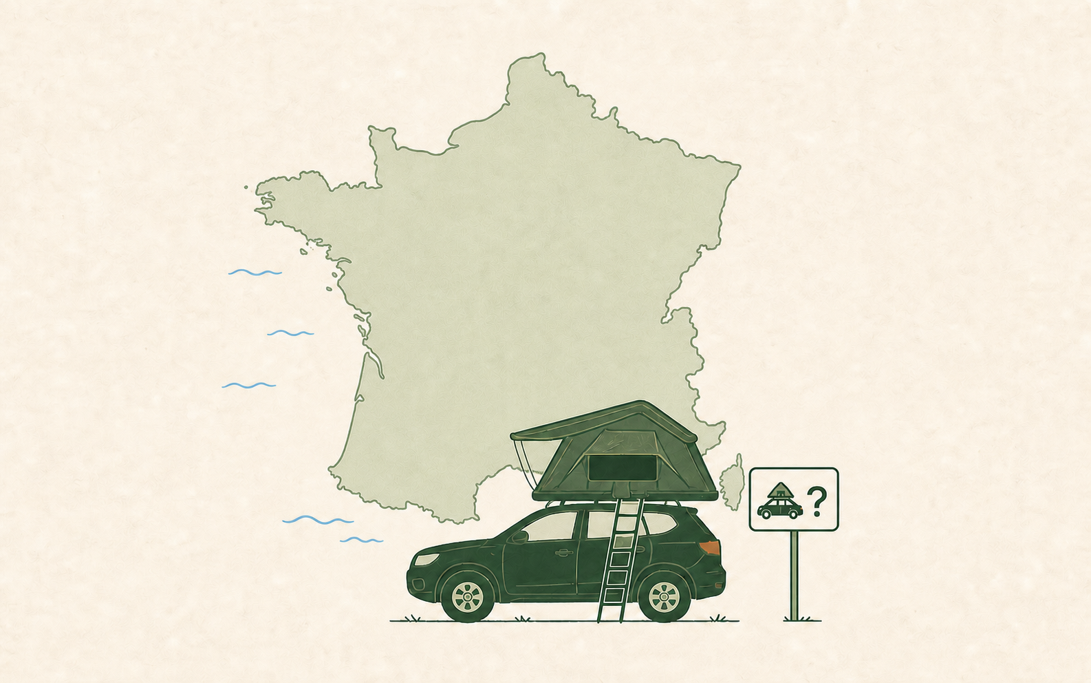 Green SUV with a rooftop tent in front of a map of France