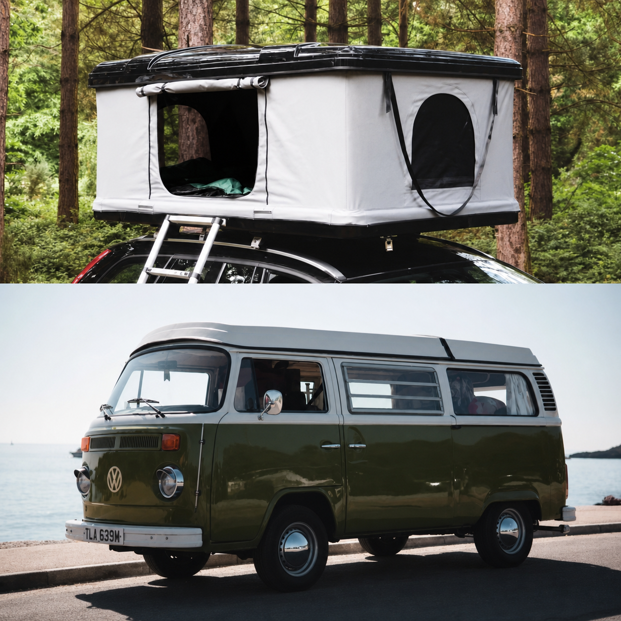 Immagine divisa che confronta una tenda da tetto su un’auto nel bosco e un camper verde sul mare