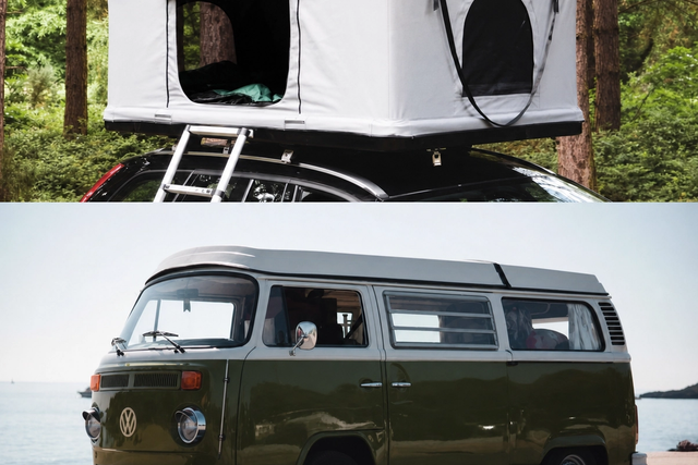 Imagem dividida que compara uma tenda de tejadilho num carro na floresta com uma autocaravana verde junto ao mar