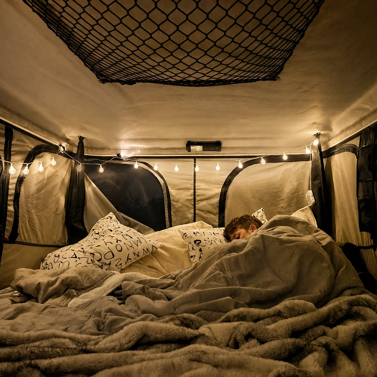 Un bambino dorme sotto le coperte in una tenda da tetto illuminata da una catena di luci