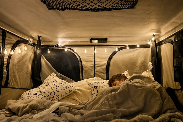 A child sleeping under blankets inside a rooftop tent lit by string lights