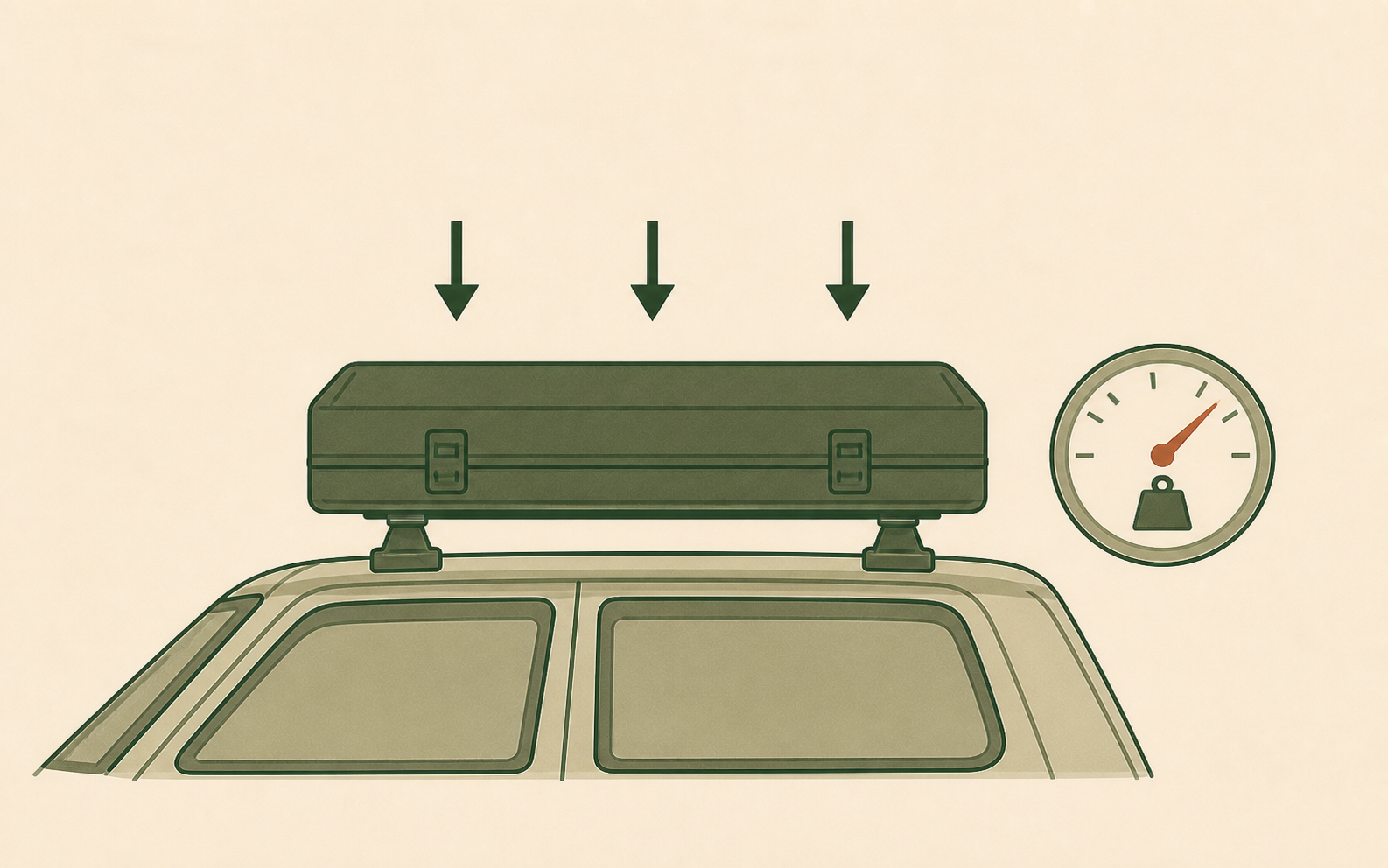 Car roof with a rooftop box, downward weight arrows, and a load gauge