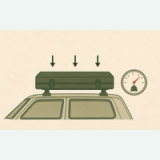 Car roof with a rooftop box, downward weight arrows, and a load gauge