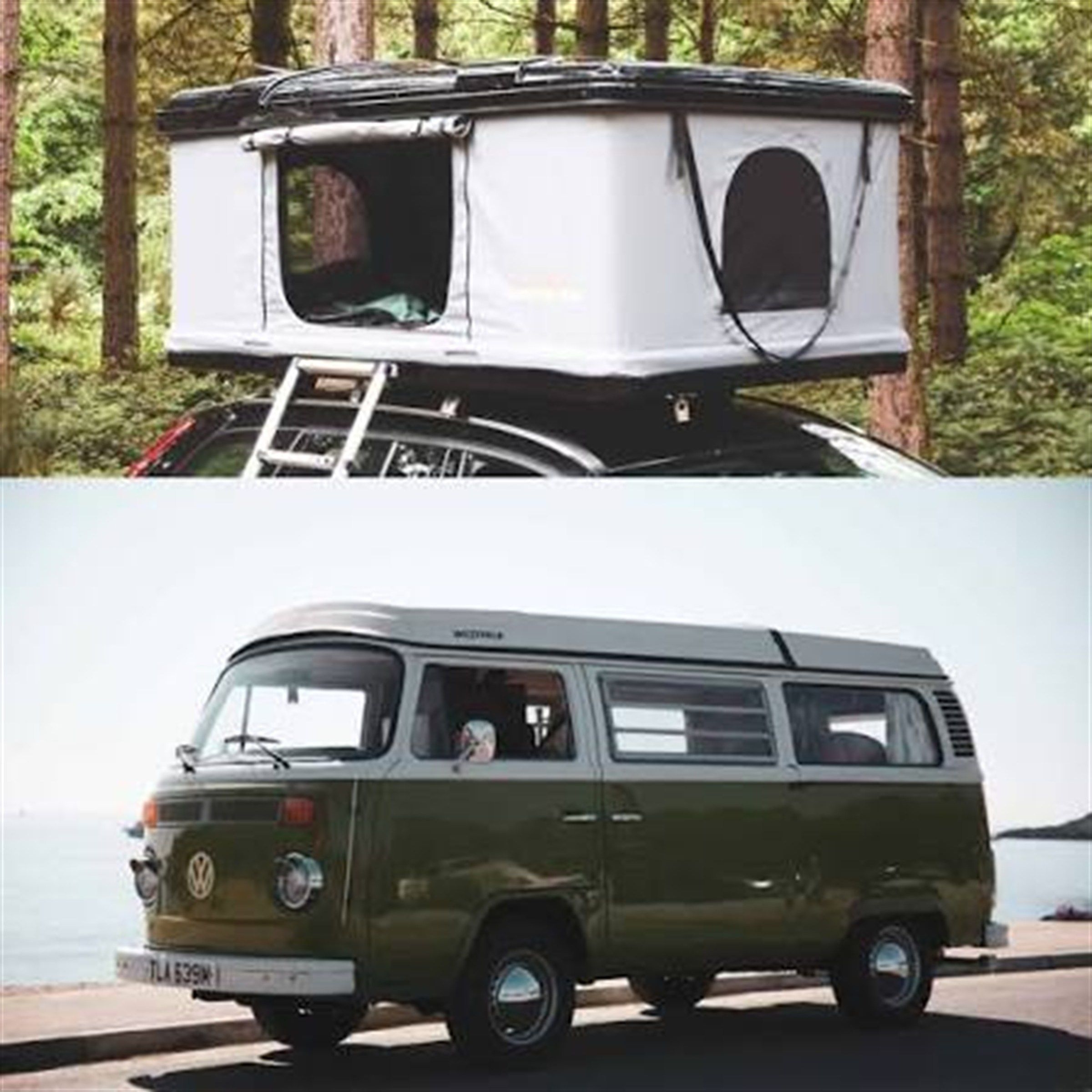 Split image comparing a rooftop tent on a car in a forest with a green campervan by the sea