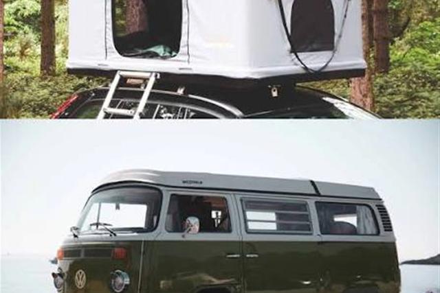 Split image comparing a rooftop tent on a car in a forest with a green campervan by the sea
