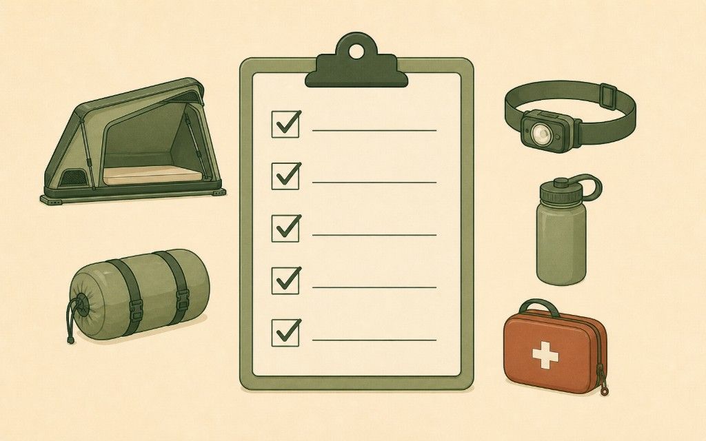 Camping checklist clipboard surrounded by rooftop tent, sleeping bag, headlamp, water bottle, and first-aid kit