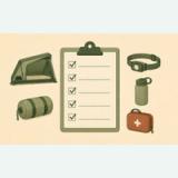 Camping checklist clipboard surrounded by rooftop tent, sleeping bag, headlamp, water bottle, and first-aid kit