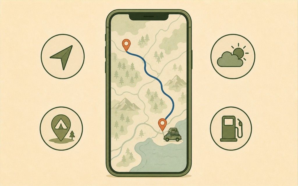 Phone showing a road-trip map with a rooftop tent, plus icons for navigation, campsites, weather, and fuel