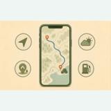 Phone showing a road-trip map with a rooftop tent, plus icons for navigation, campsites, weather, and fuel