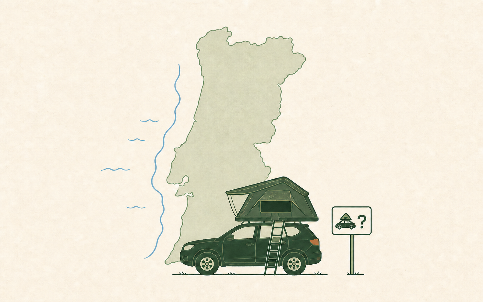 Green SUV with a rooftop tent in front of a map of Portugal
