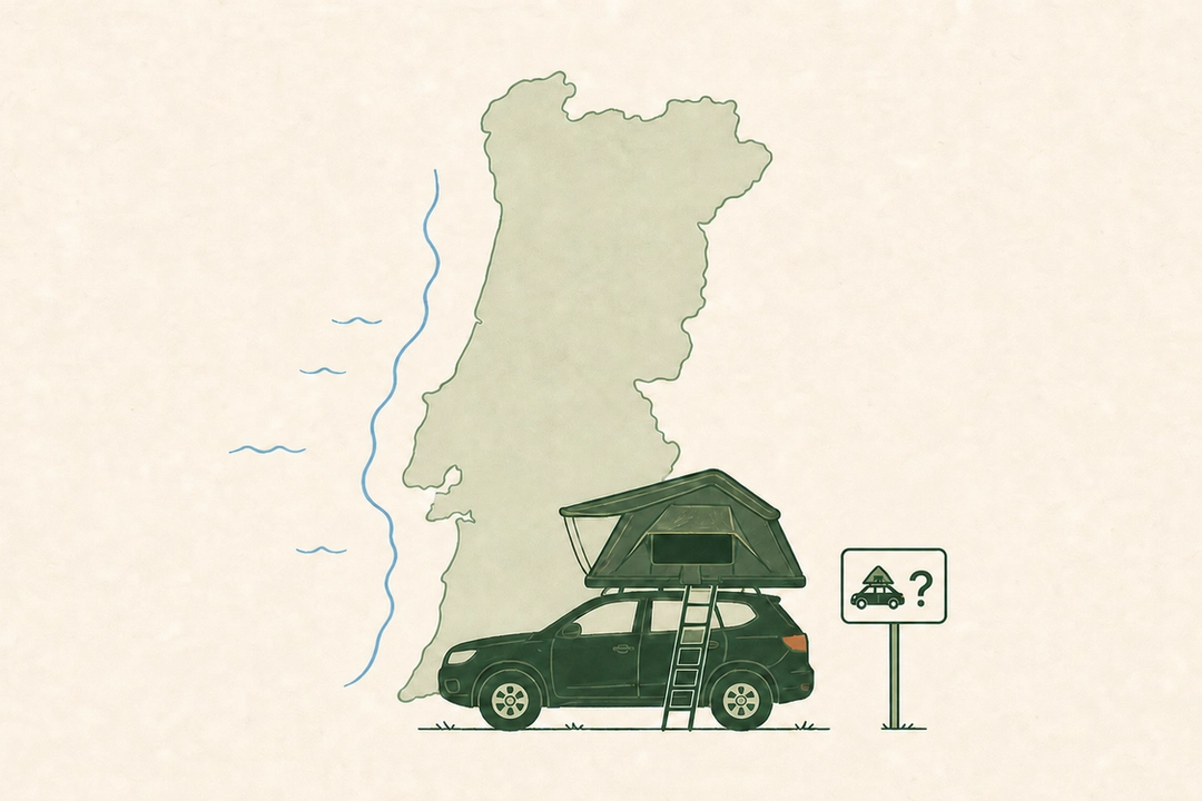 Green SUV with a rooftop tent in front of a map of Portugal