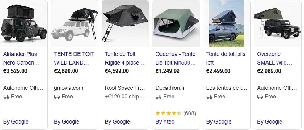 Risultati di Google Shopping con diversi modelli e prezzi di tende da tetto