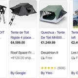 Risultati di Google Shopping con diversi modelli e prezzi di tende da tetto