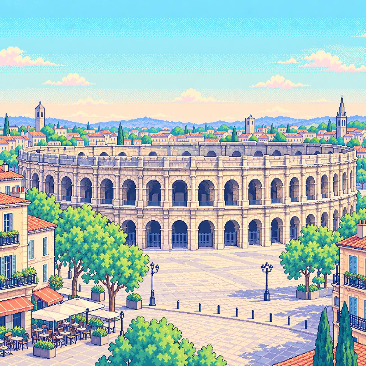 Pixel-art illustration of Nîmes