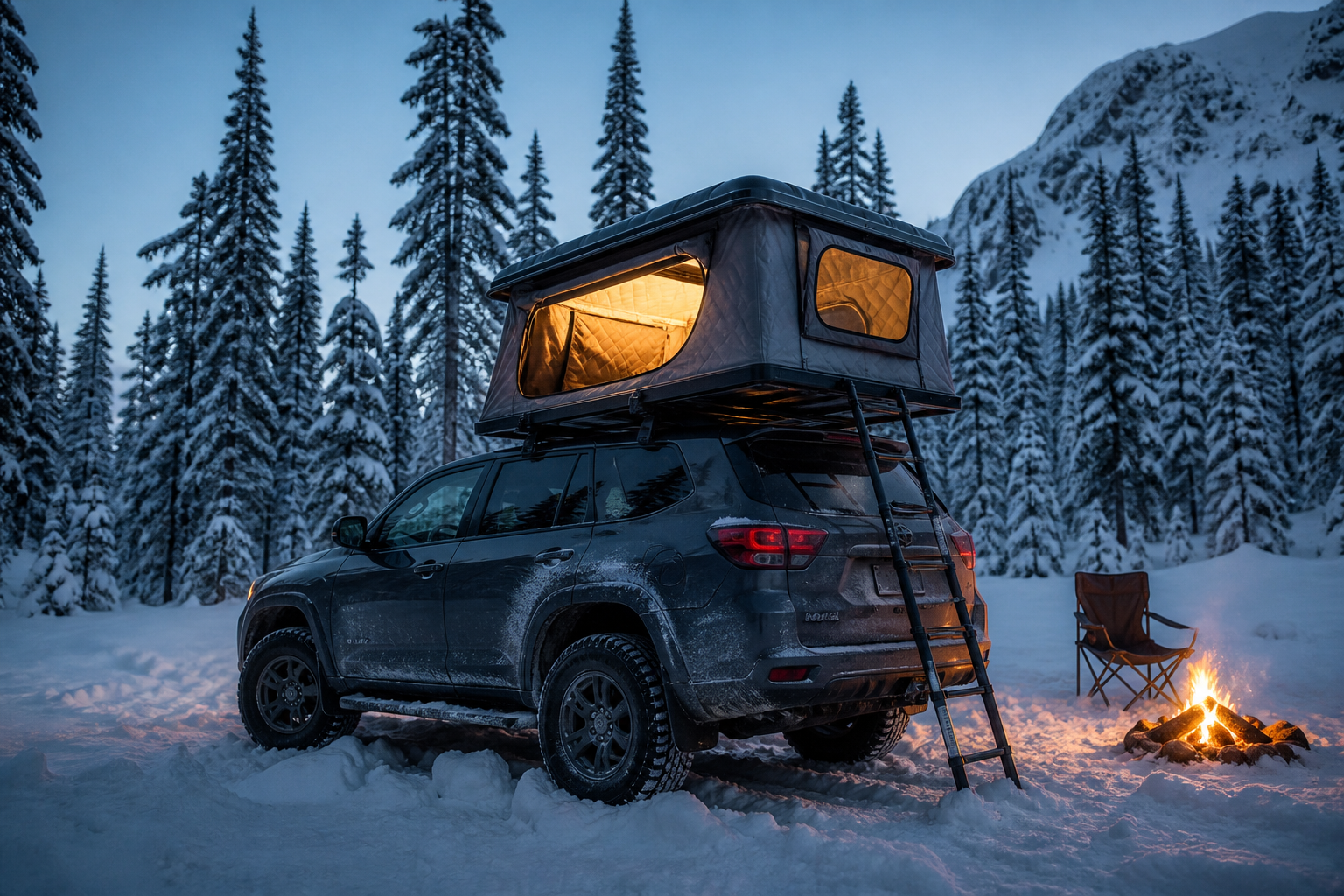 Tenda da tetto isolata e illuminata su un SUV in una foresta innevata