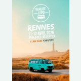 Vanlife Expo Rennes poster for 11–12 April 2026, with a turquoise campervan by a coastal lighthouse