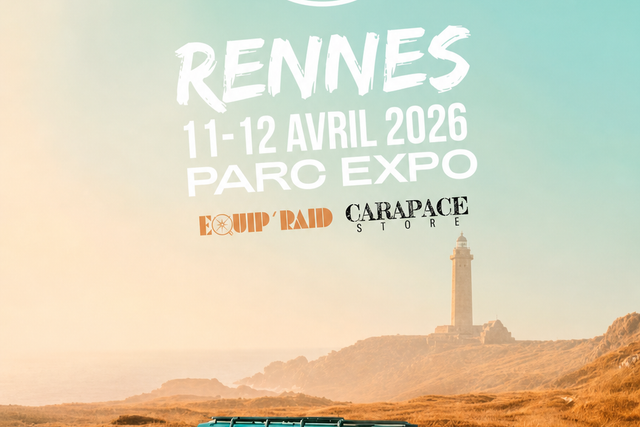 Vanlife Expo Rennes poster for 11–12 April 2026, with a turquoise campervan by a coastal lighthouse