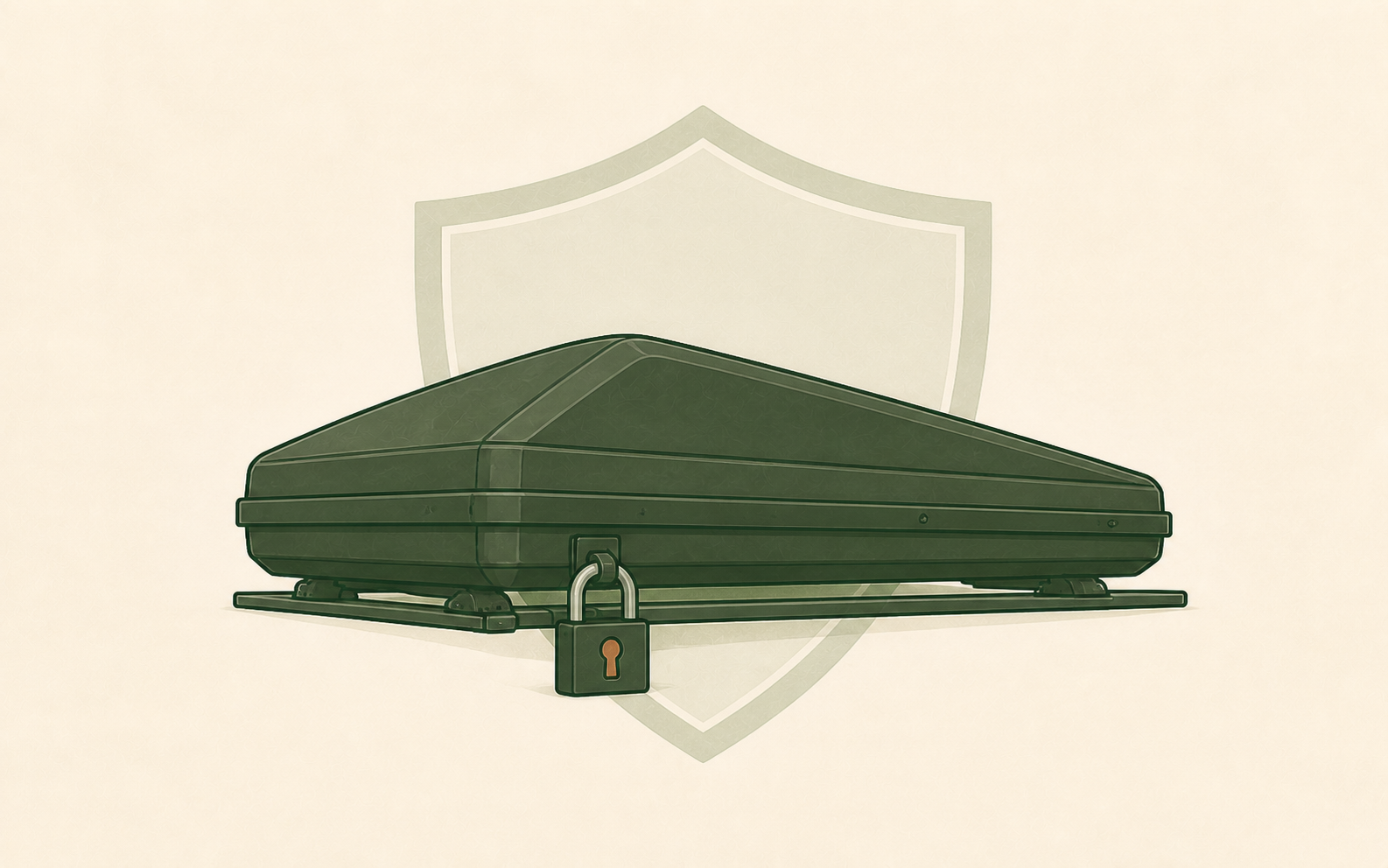 Olive-green hardshell rooftop tent on crossbars, locked with a padlock