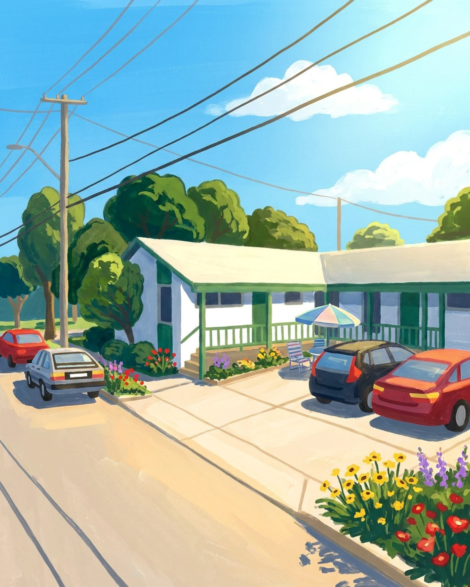 Illustration of FayTao Periodontics: a single-storey white office with green trim, cars parked out front