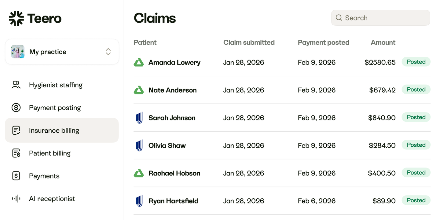 Teero insurance billing: a claims list with submission dates, posting dates, amounts and Posted badges