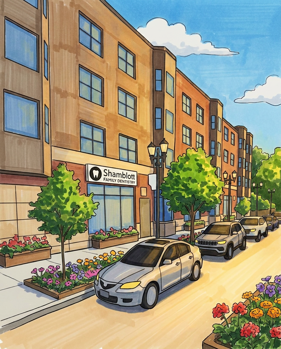 Illustration of Shamblott Family Dentistry on the ground floor of a brick street-corner building, cars parked along the kerb