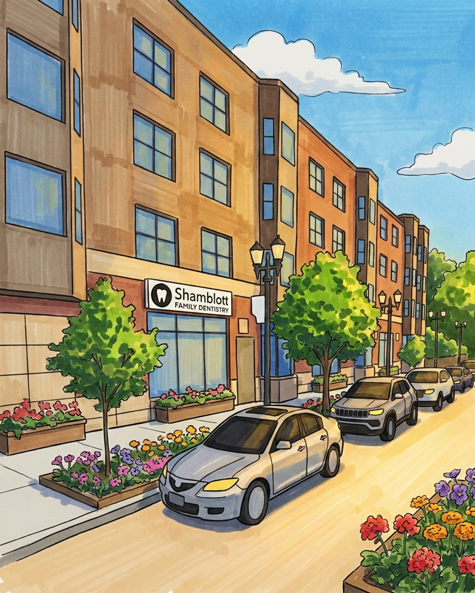 Illustration of Shamblott Family Dentistry on the ground floor of a brick street-corner building, cars parked along the kerb