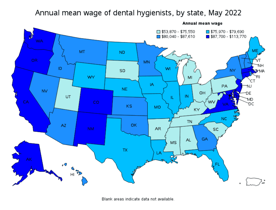 Annual mean wage of dental hygienists, by state, May 2022