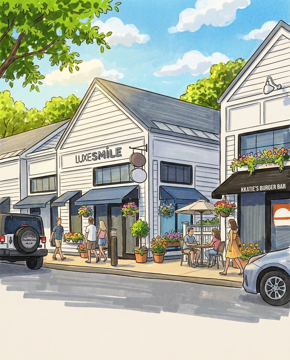 Illustration of LuxeSmile Dentistry: a white clapboard storefront on a main street, people walking past and sitting at a café table